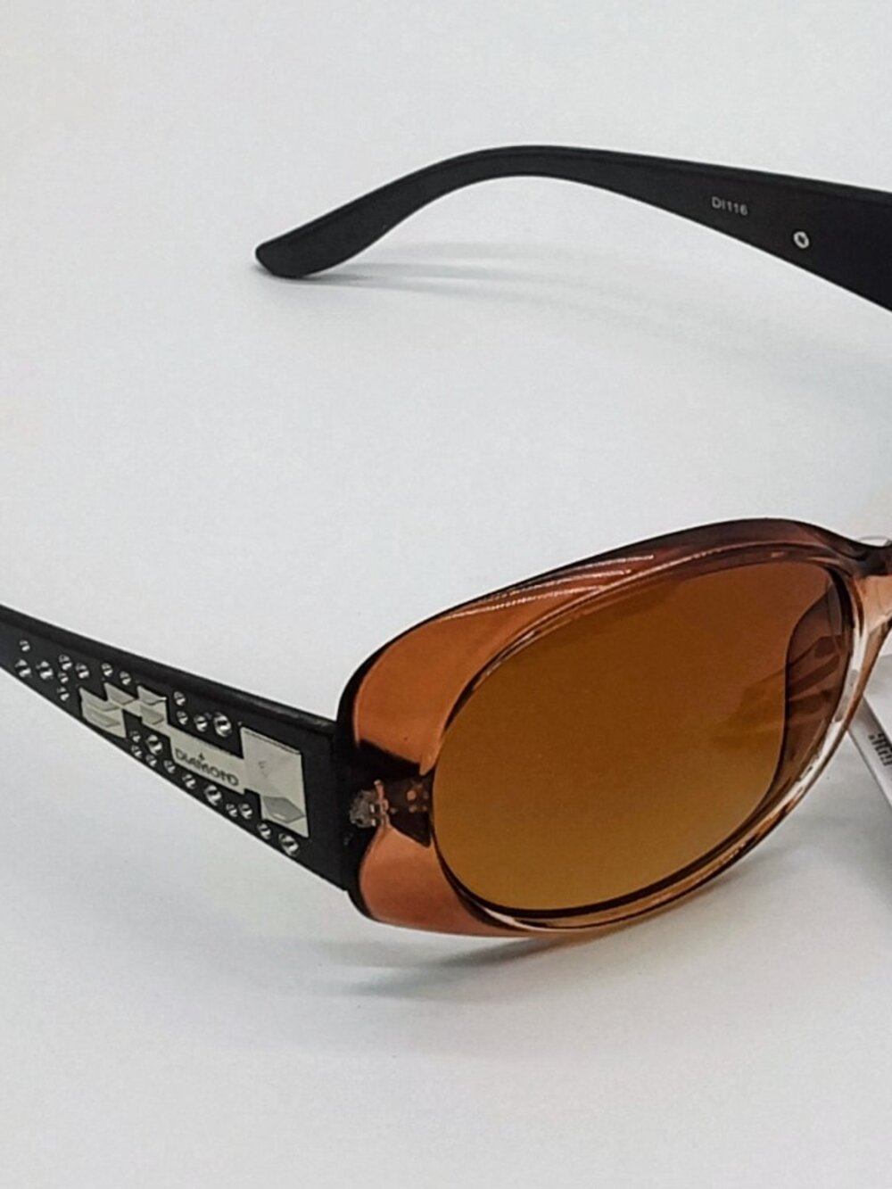 1116-BR Diamond Eyewear Brown Oval Sunglasses with Rhinestones and Black Temples